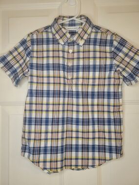 Janie and Jack Boys' Short-Sleeve Plaid Button-Down Shirt - Navy/Yellow/Pink